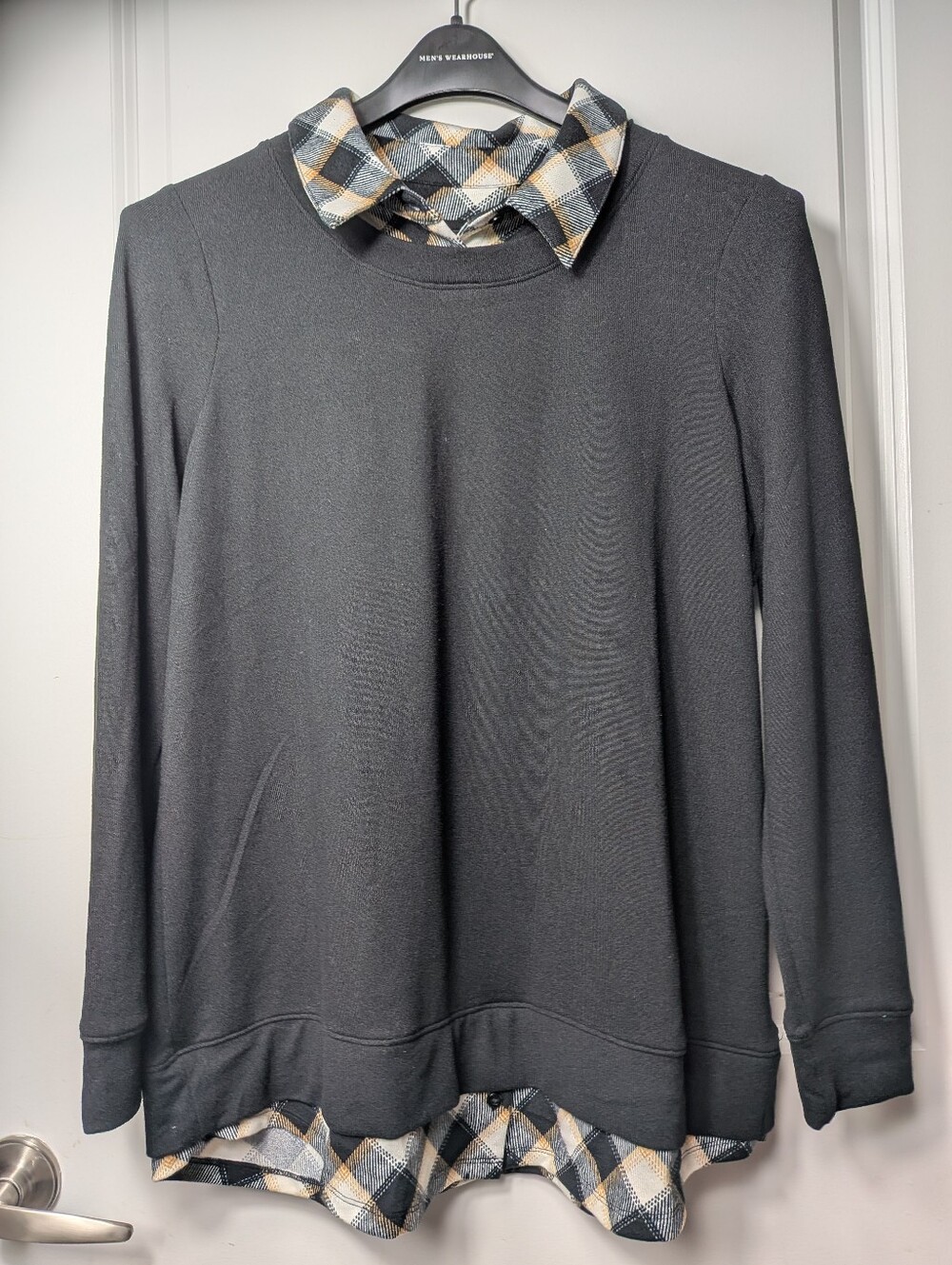 Denim & Co. Heavenly Jersey Solid/Plaid Long Sleeve 2fer Top Black, Size L